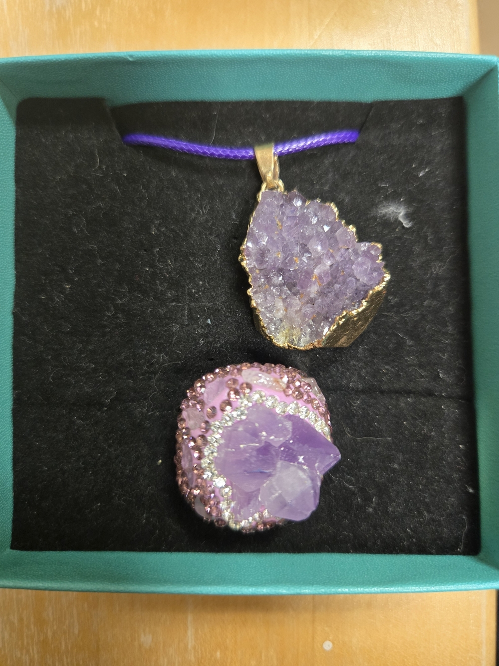 Purple Amethyst Druzy Crystal Pendant Necklace and Ring Set